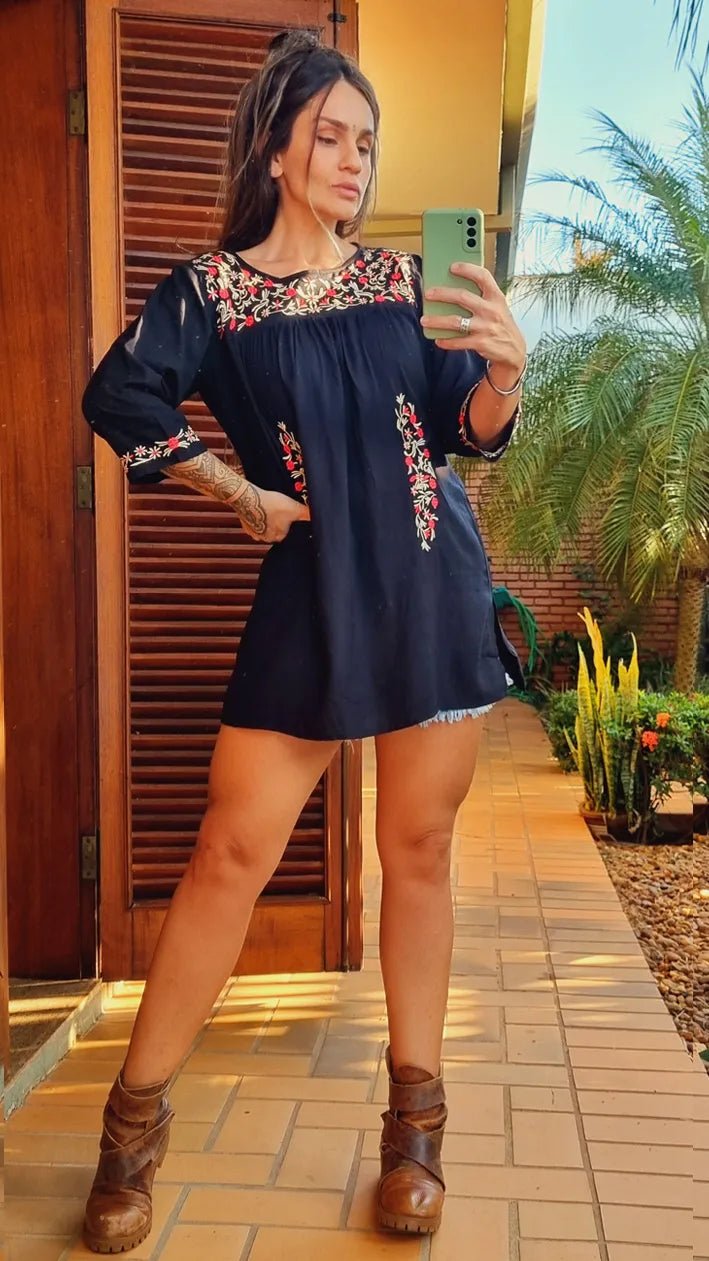 Bata Preta Campo Florado Bordado - Indra Moda Indiana
