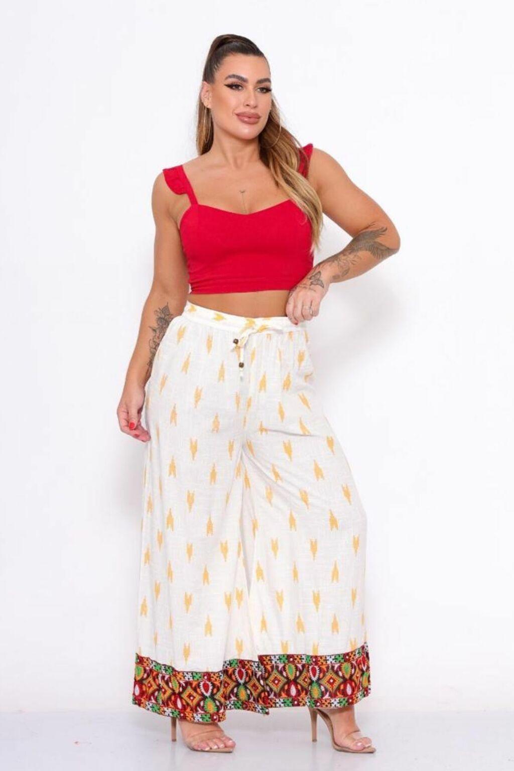 Calça Indiana Feminina Branca Estampada Coleção Vibe Maia - Indra Moda Indiana