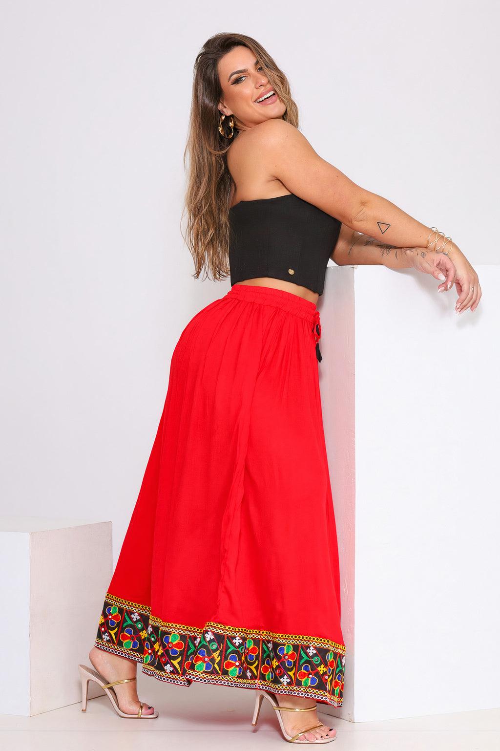 Saia Longa Rodada Bordado Maia Viscose - Indra Moda Indiana
