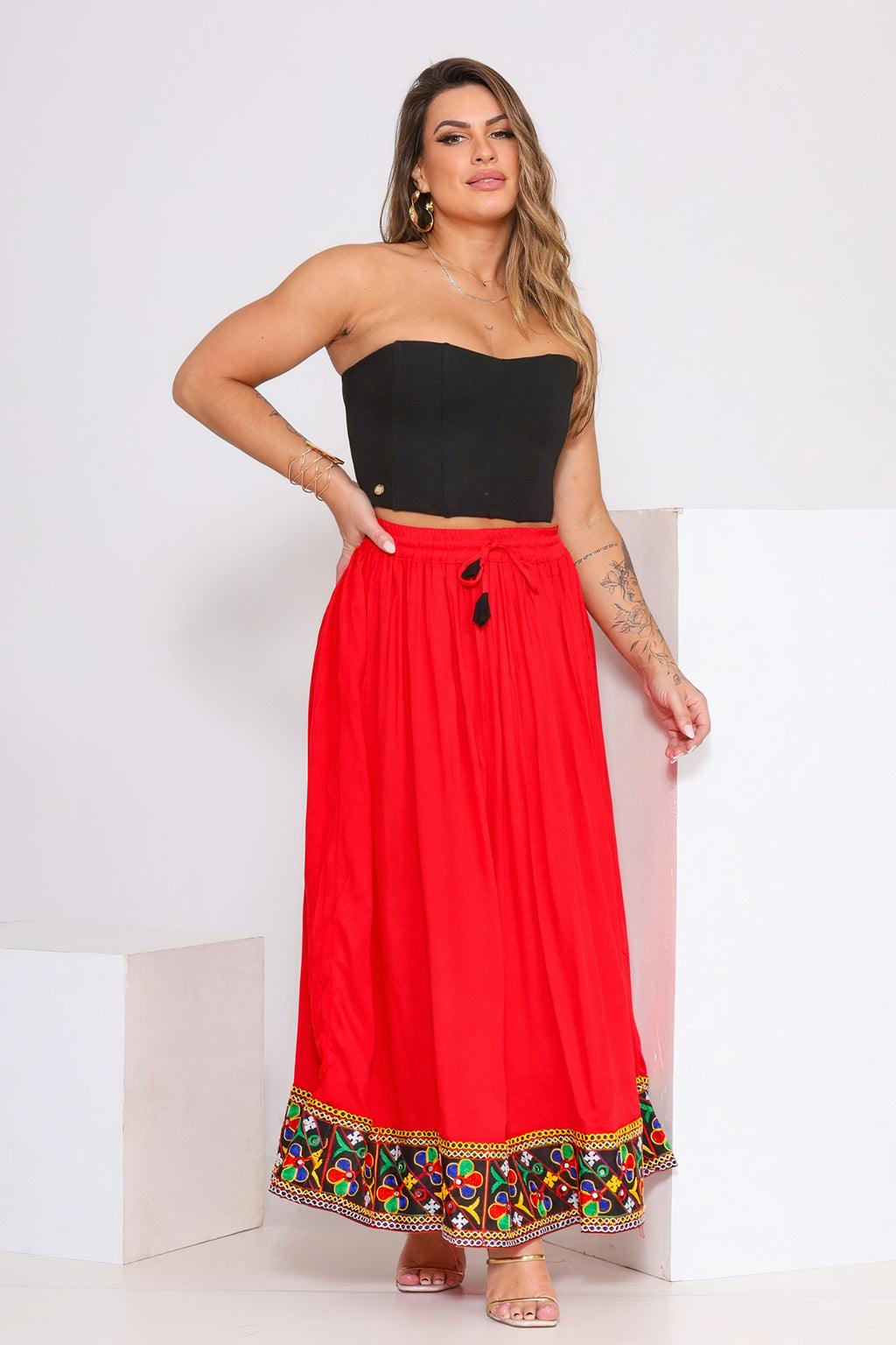Saia Longa Rodada Bordado Maia Viscose - Indra Moda Indiana