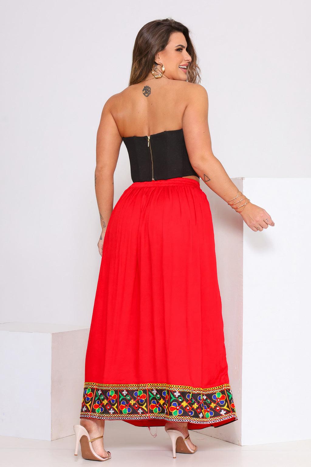 Saia Longa Rodada Bordado Maia Viscose - Indra Moda Indiana