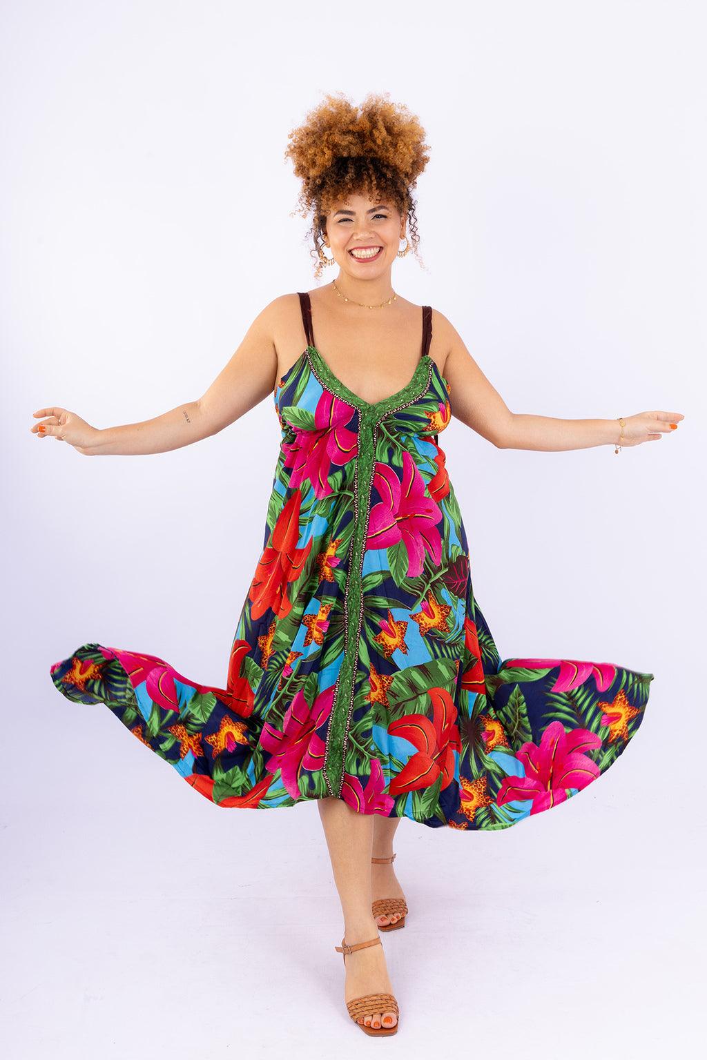 Vestido Explosão Tropical Longo Boho Retrô Coleção Premium 3157 - Indra Moda Indiana