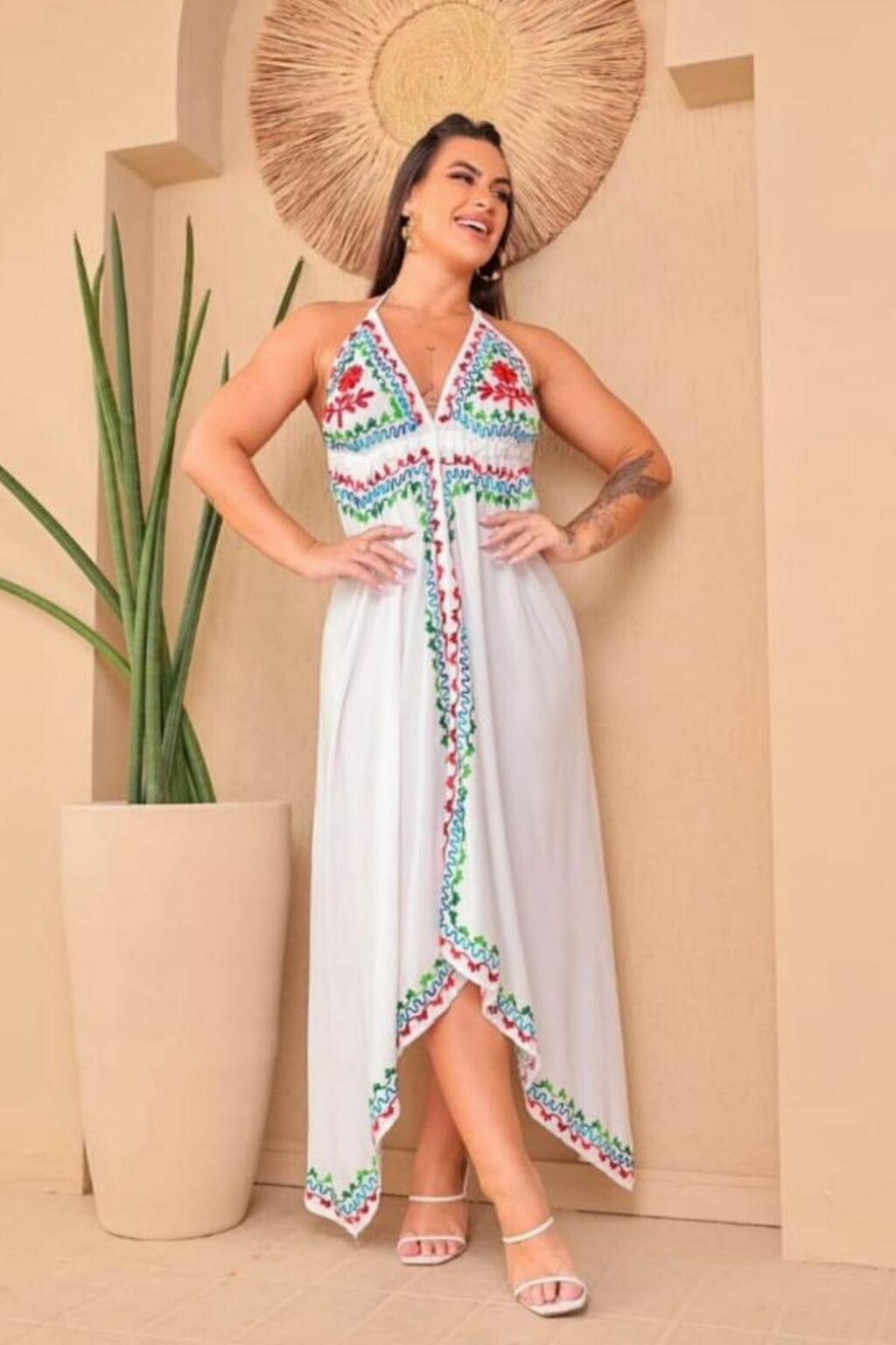Vestido Indiano Longo Bordado Assimetrico Coleção Premium - Indra Moda Indiana
