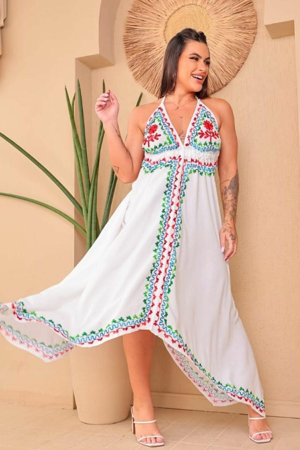 Vestido Indiano Longo Bordado Assimetrico Coleção Premium - Indra Moda Indiana