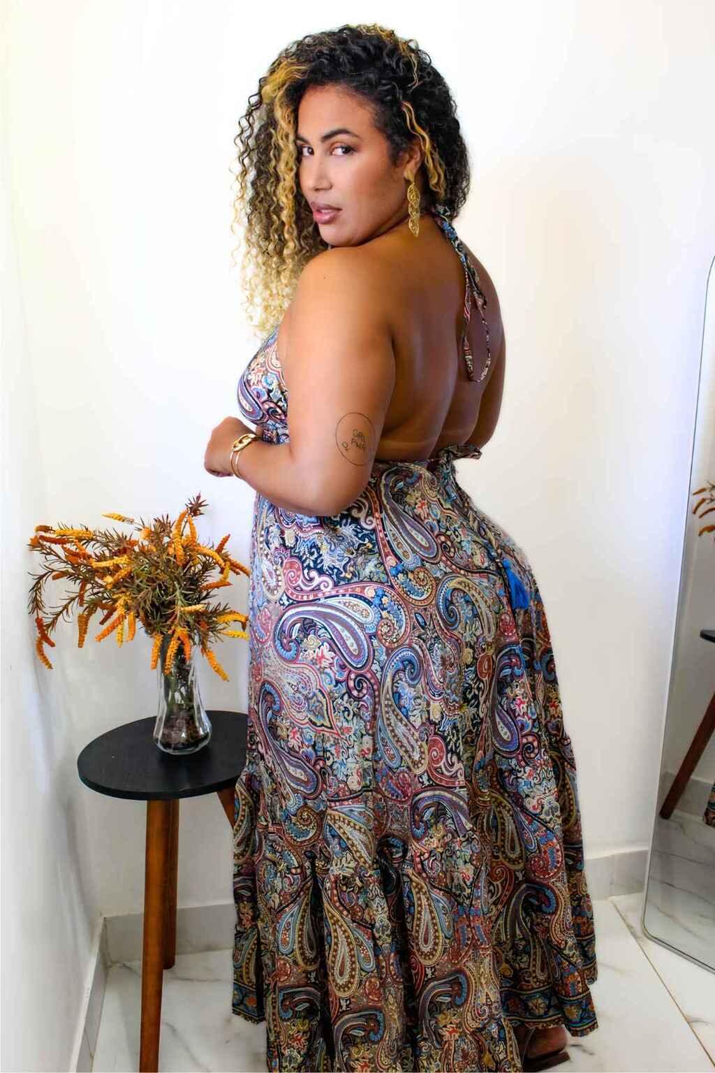 Vestido Indiano Longo Encanto Paisley Seda Coleção Premiu - Indra Moda Indiana