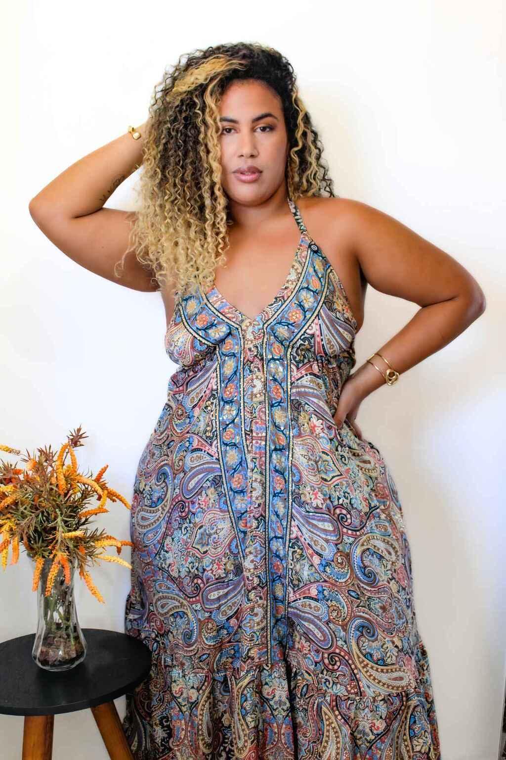 Vestido Indiano Longo Encanto Paisley Seda Coleção Premiu - Indra Moda Indiana