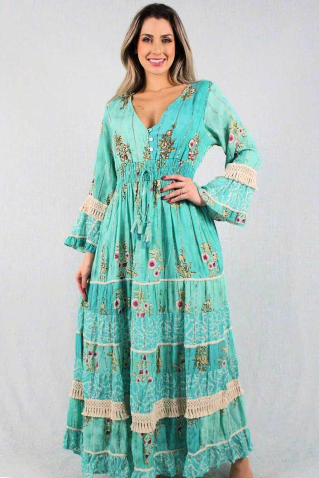 Vestido Boho Longo Alma Livre Bordado Linha Luxo