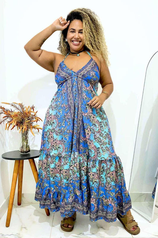 Vestido Indiano Longo Encanto Paisley Seda Coleção Premium 668