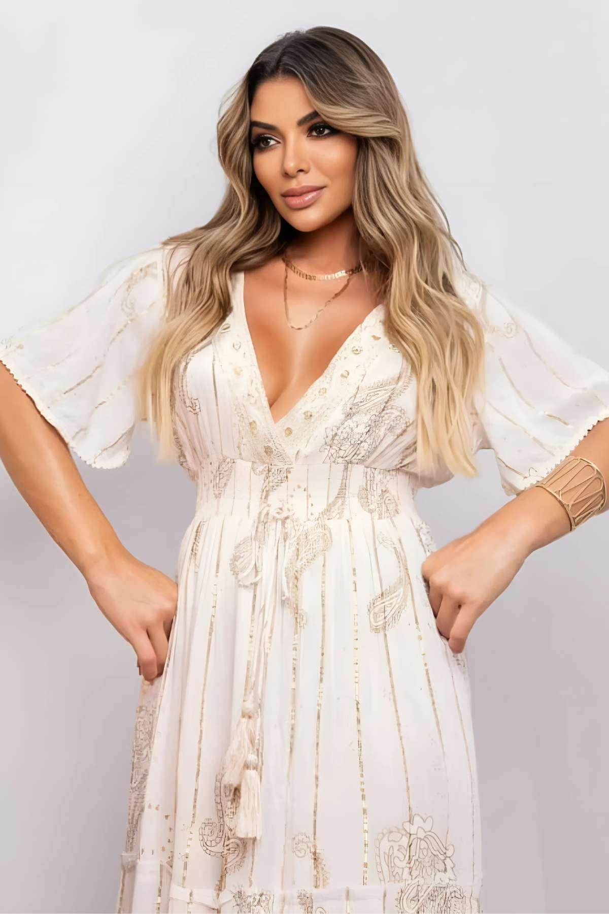 Vestido Boho Longo Aurora da Serra Bordado Linha Luxo.