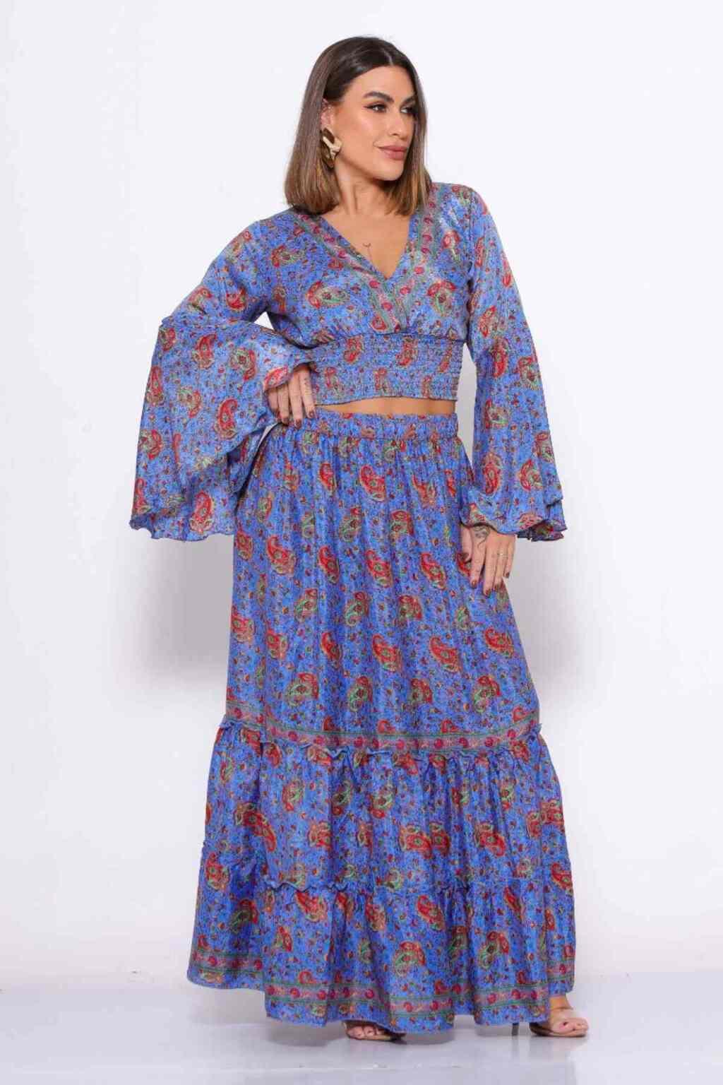 Conjunto Boho Seda Indiana Crooped + Saia Indiana Coleção Premium 3636
