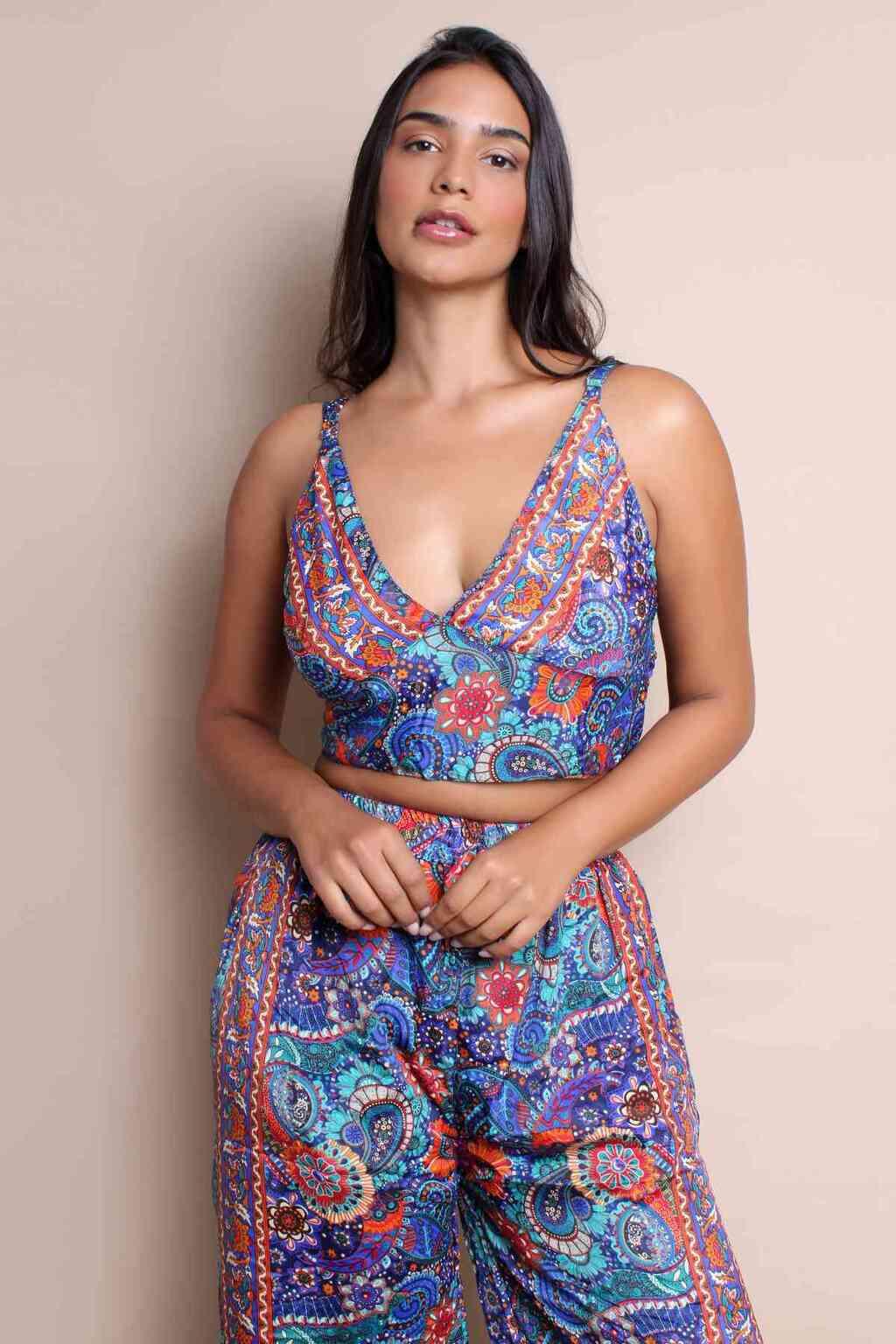 Conjunto Boho Seda Indiana Crooped + Calça Indiana Coleção Premium 3272