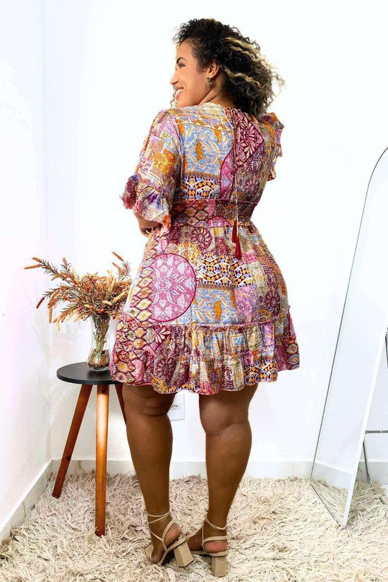 Vestido Boho Curto Vista da Serra Seda Indiana Coleção Premium 7755