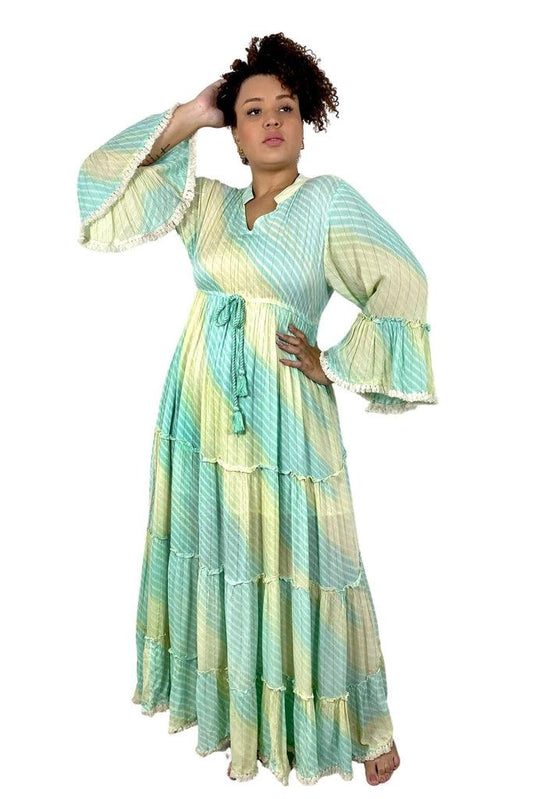 Vestido Boho Longo Green Lurex Manga Longa Coleção Premium 1256