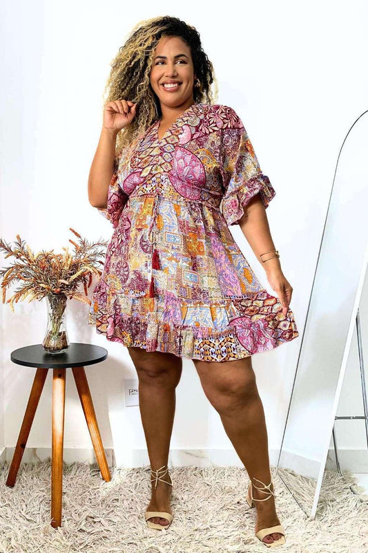 Vestido Boho Curto Vista da Serra Seda Indiana Coleção Premium 7755