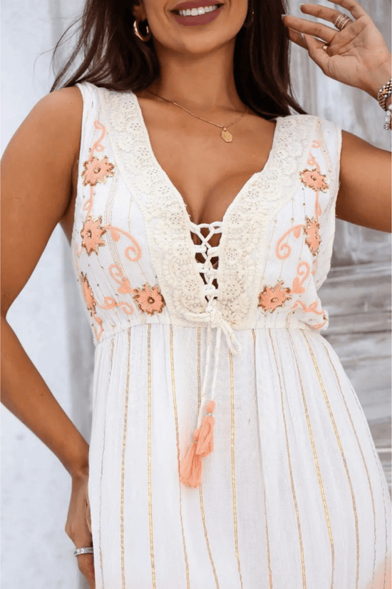 Vestido Longo Luz do Mediterrâneo Bordado Coleção Luxo Boho