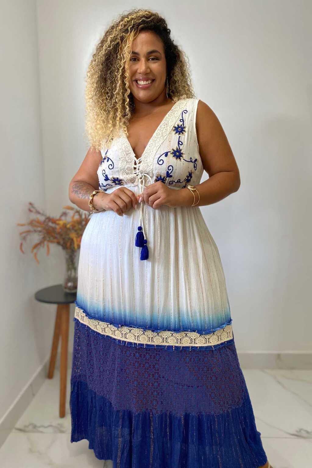 Vestido Longo Luz do Mediterrâneo Bordado Coleção Luxo 5462