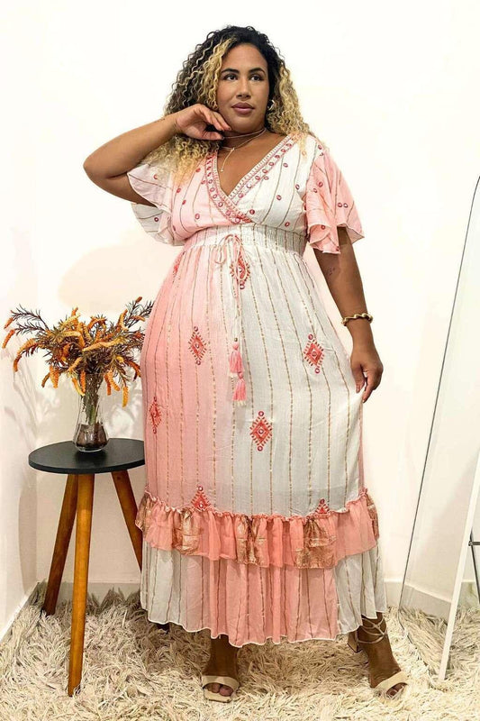 Vestido Boho Longo Encanto Dubai Bordado Coleção Luxo