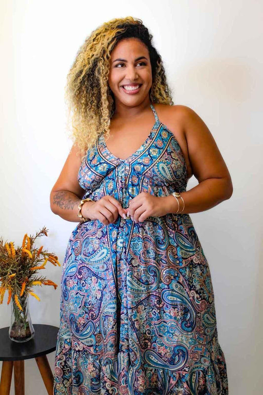 Vestido Indiano Longo Encanto Paisley Seda Coleção Premium 3259