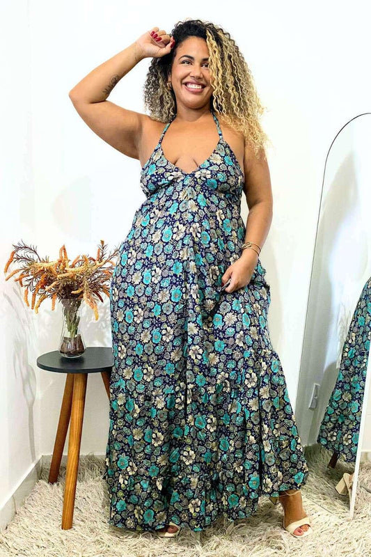 Vestido Indiano Longo Encanto Paisley Seda Coleção Premium 1660