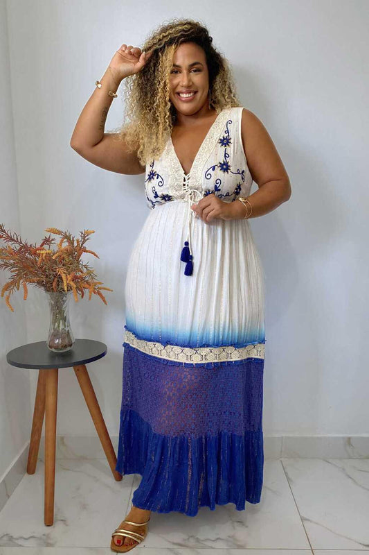 Vestido Longo Luz do Mediterrâneo Bordado Coleção Luxo 5462
