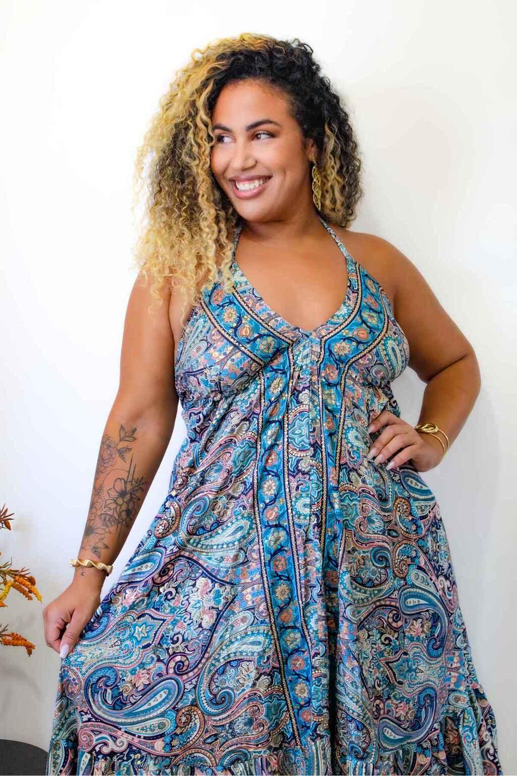 Vestido Indiano Longo Encanto Paisley Seda Coleção Premium 3259
