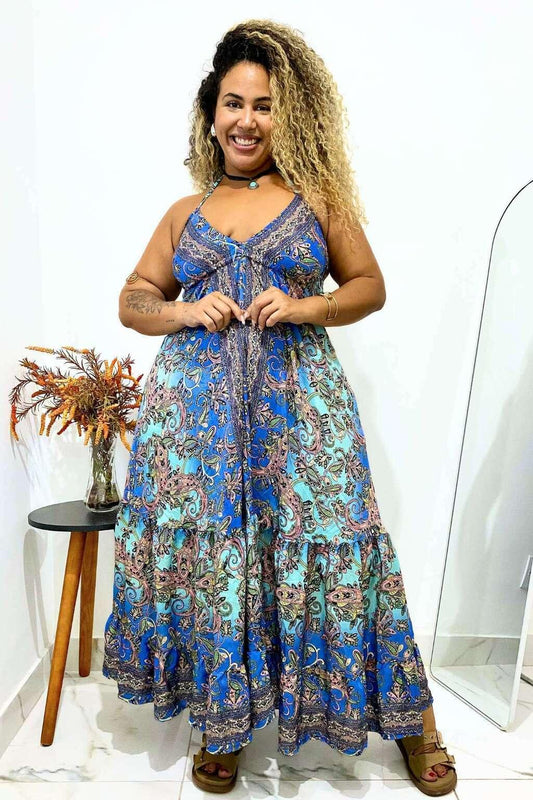 Vestido Indiano Longo Encanto Paisley Seda Coleção Premium 668
