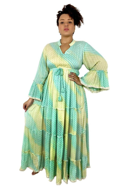 Vestido Boho Longo Green Lurex Manga Longa Coleção Premium 1256