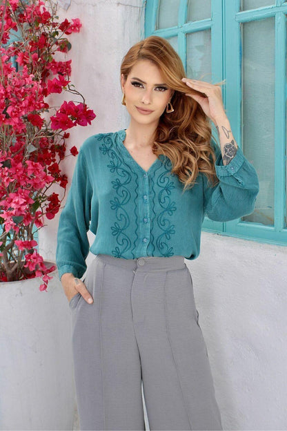 Bata Indiana Agatha Tunica Bordada Manga Longa Boho Coleção Premium 7451.