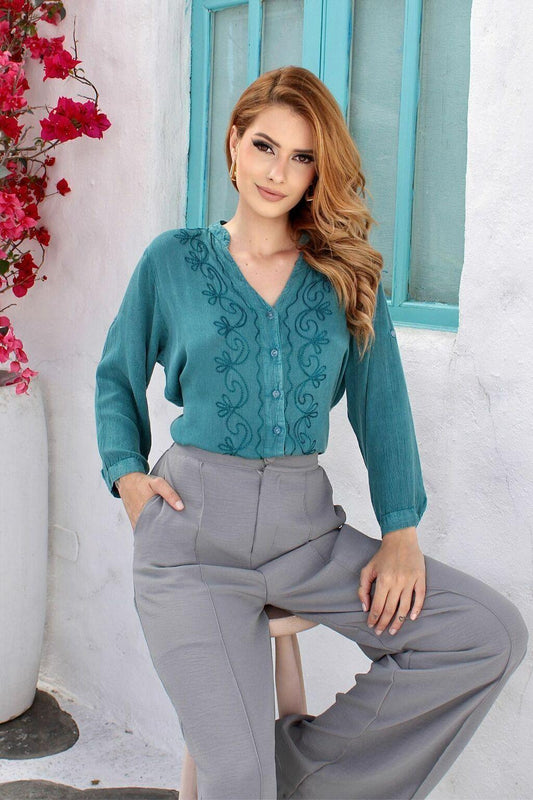 Bata Indiana Agatha Tunica Bordada Manga Longa Boho Coleção Premium 7451