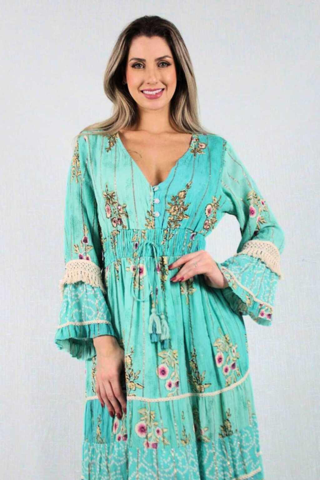 Vestido Boho Longo Alma Livre Bordado Linha Luxo