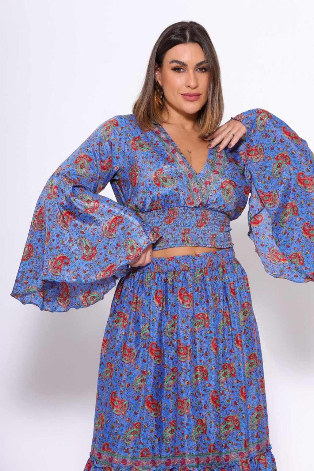 Conjunto Boho Seda Indiana Crooped + Saia Indiana Coleção Premium 3636