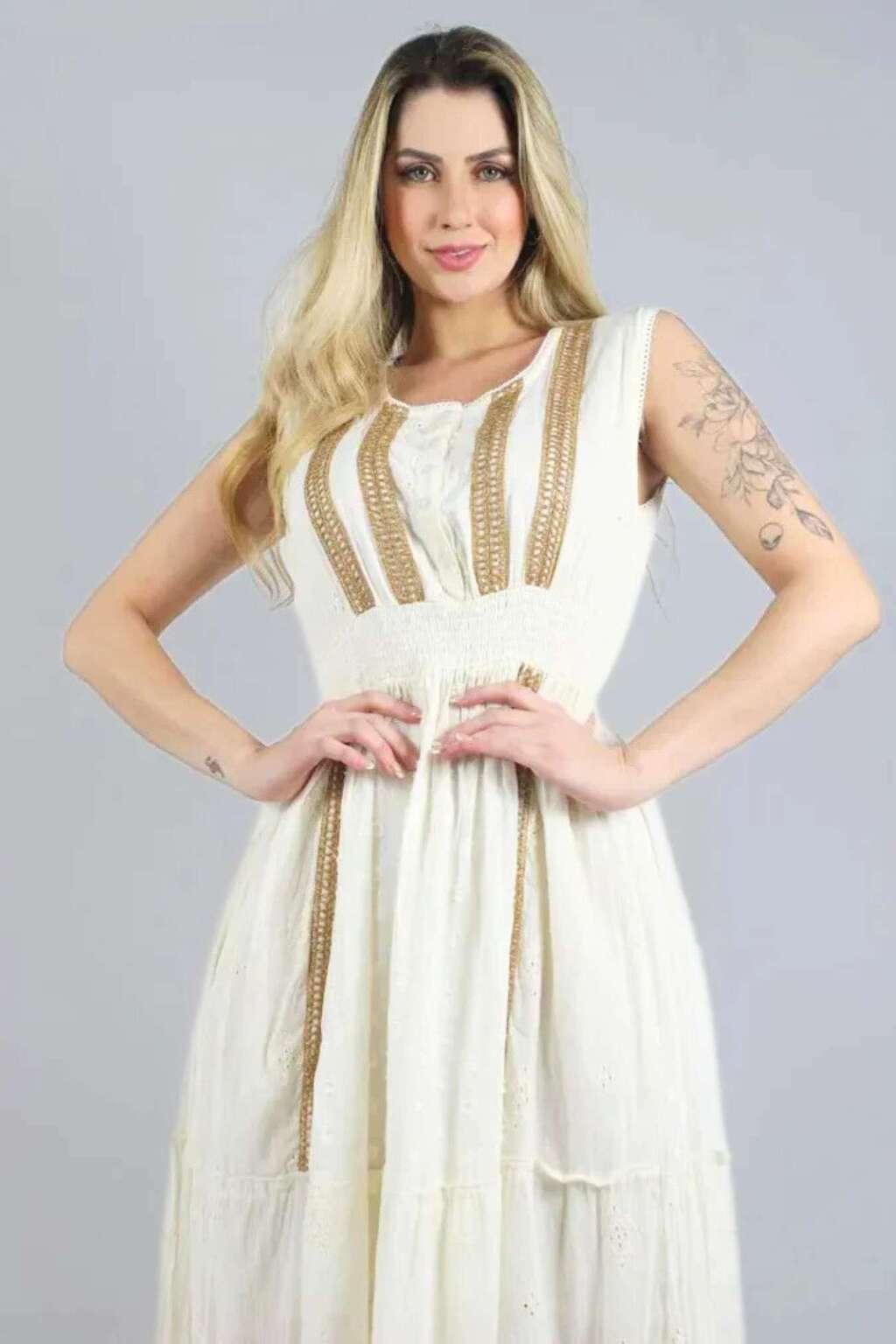 Vestido Boho Branco Longo Alma Leve Bordado Coleção Luxo c1 4171