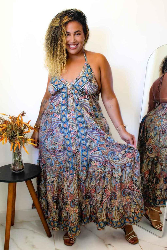 Vestido Indiano Longo Encanto Paisley Seda Coleção Premium 3373
