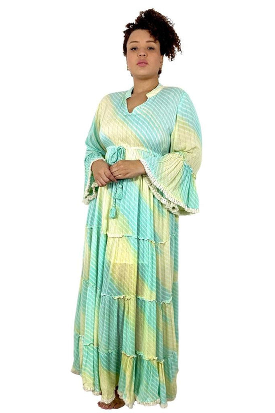 Vestido Boho Longo Green Lurex Manga Longa Coleção Premium 1256