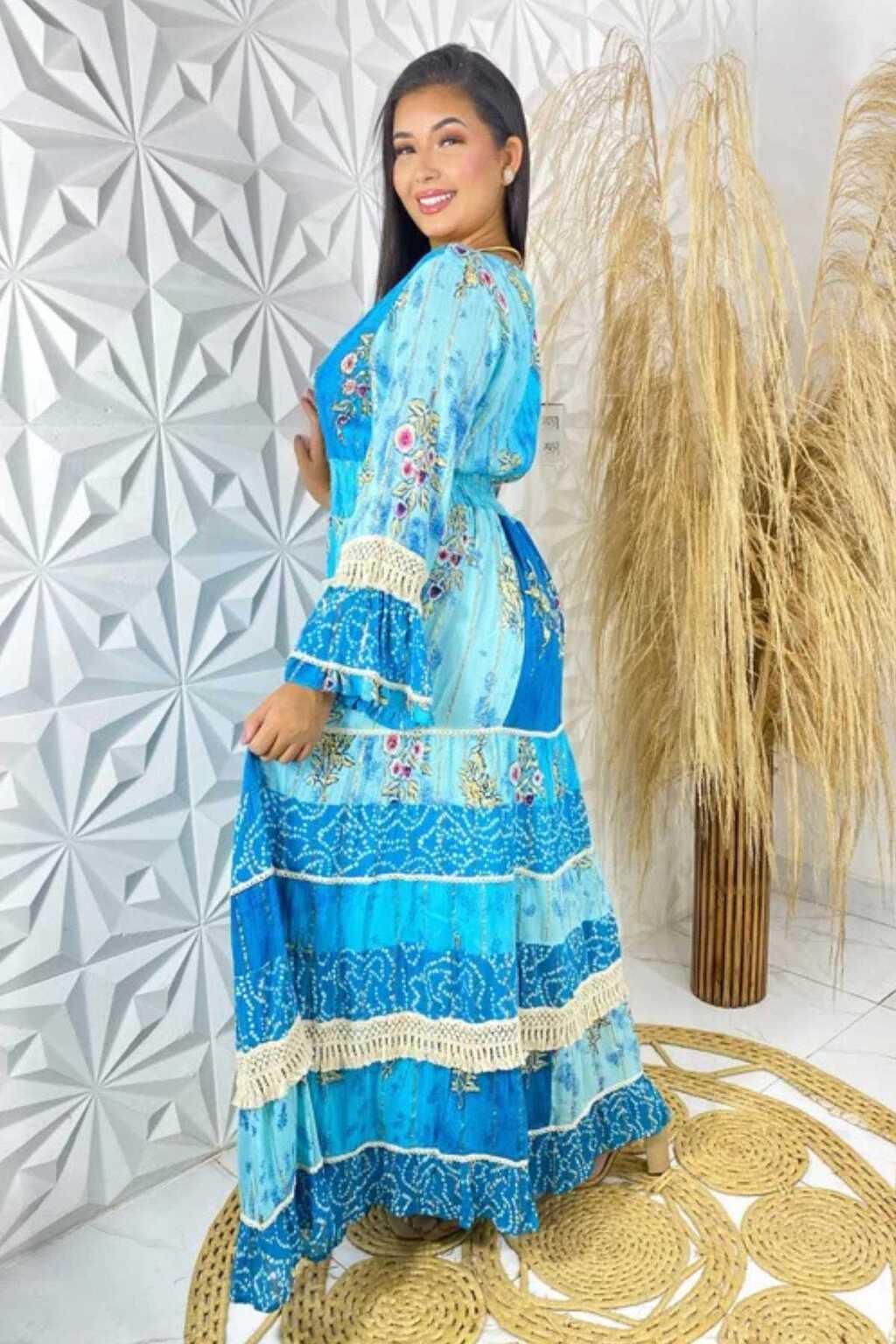 Vestido Boho Longo Alma Livre Bordado Linha Luxo
