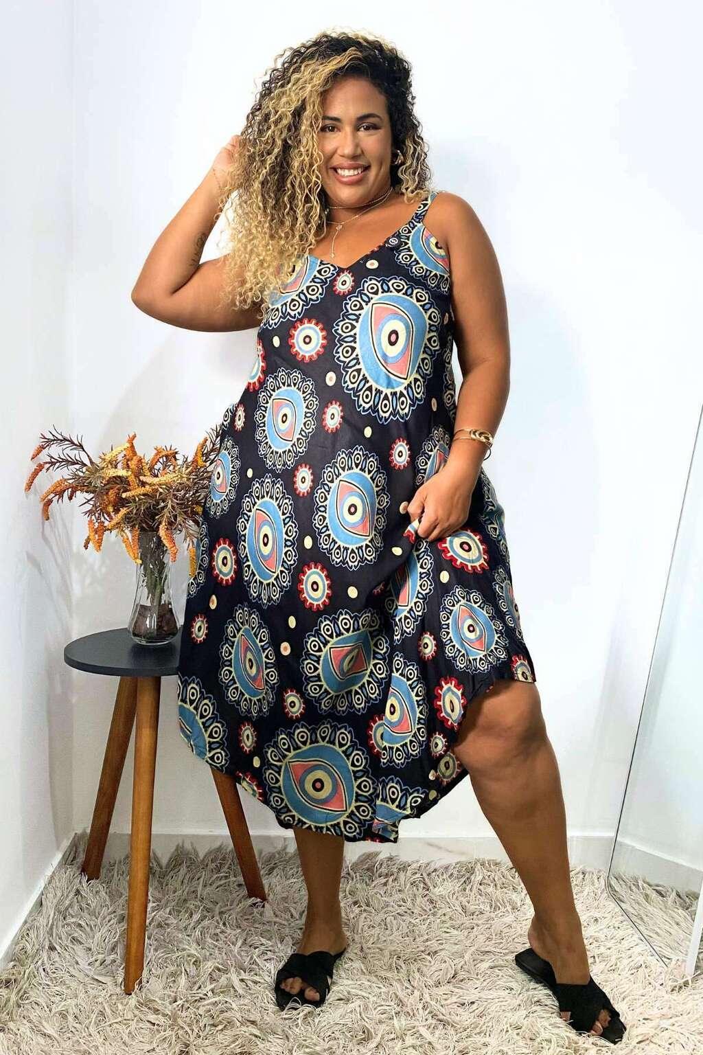 Vestido Trapézio Ajustável Olho Grego Viscose