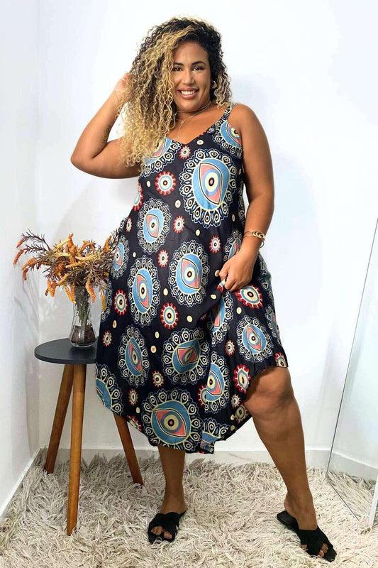 Vestido Trapézio Ajustável Olho Grego Viscose