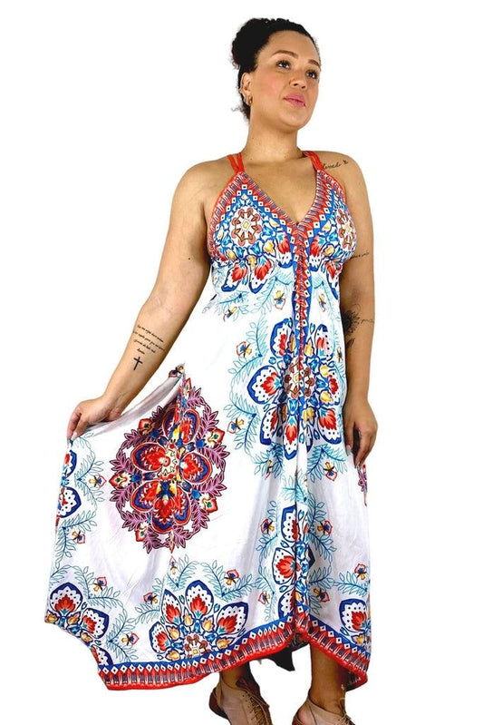Vestido Feminino Longo Assimetrico Frente Única Mandalas Viscose Premium 2456
