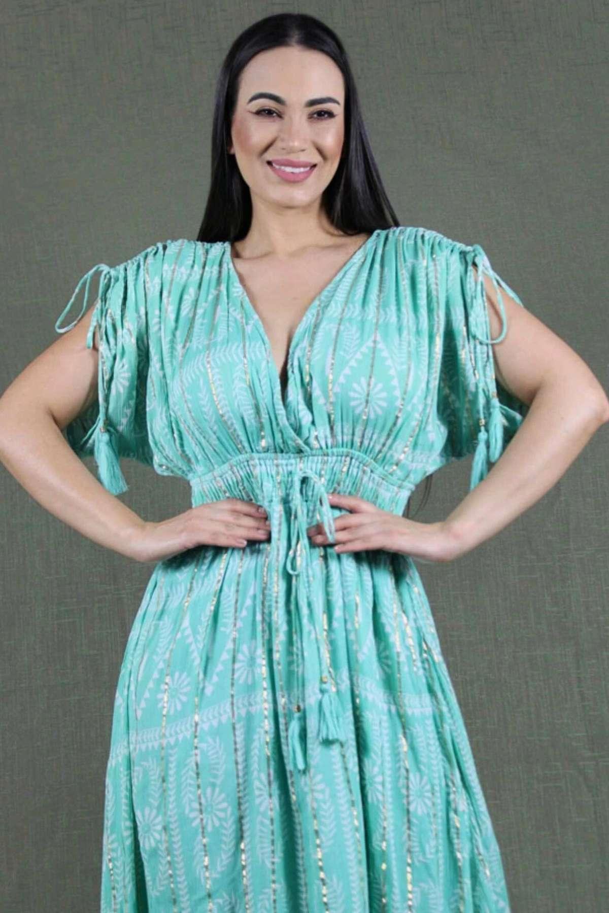 Vestido Boho Longo Aurora Celeste Crepe Linha Luxo.