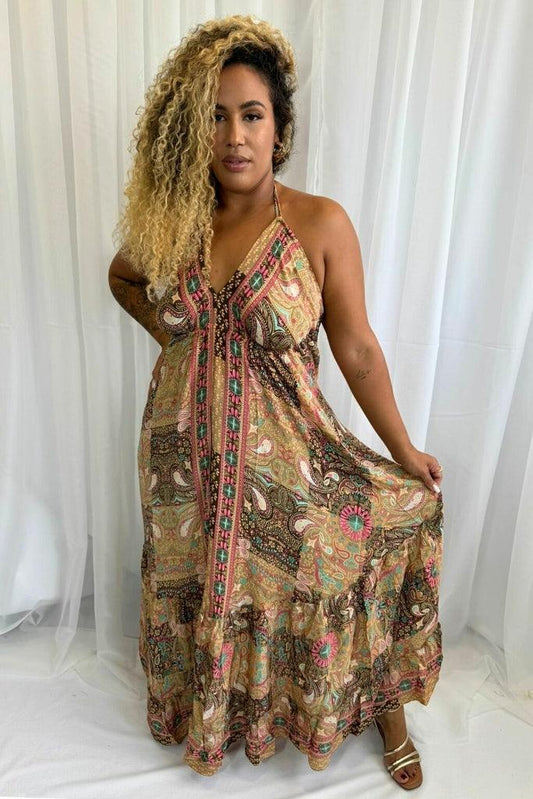 Vestido Longo Vibe Étnica Ajustável Boho Vintage Coleção Premium 8845