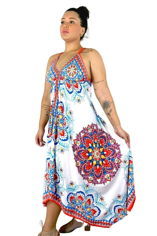 Vestido Feminino Longo Assimetrico Frente Única Mandalas Viscose Premium 2456