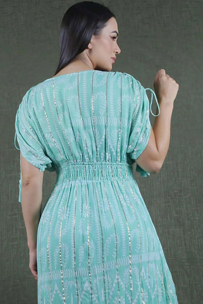 Vestido Boho Longo Aurora Celeste Crepe Linha Luxo.