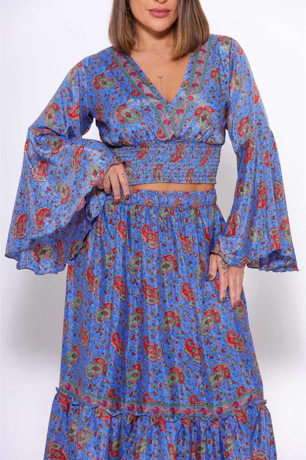 Conjunto Boho Seda Indiana Crooped + Saia Indiana Coleção Premium 3636