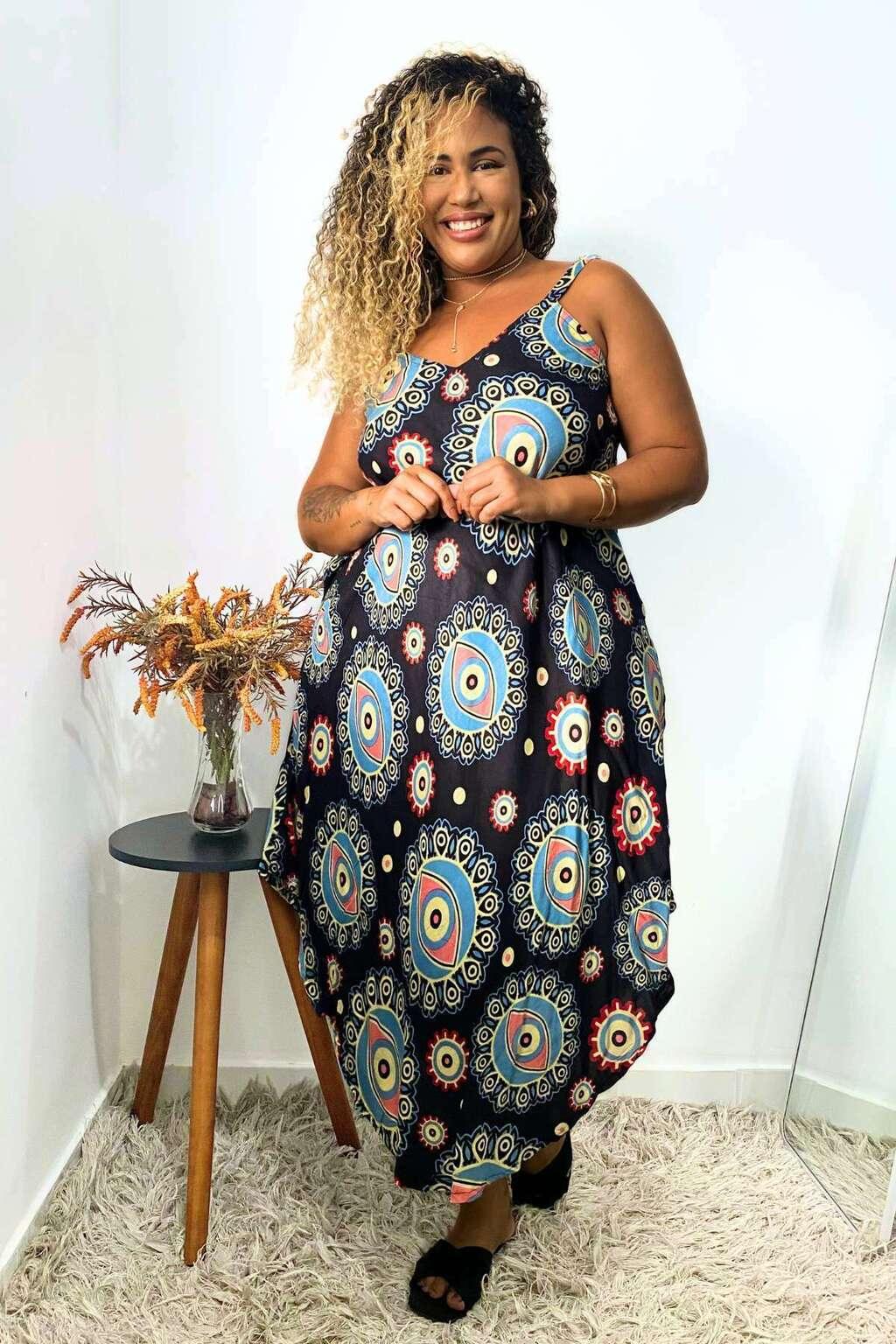 Vestido Trapézio Ajustável Olho Grego Viscose