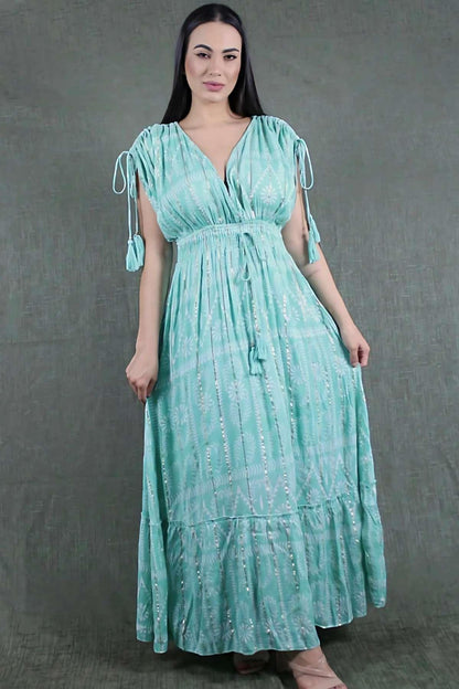 Vestido Boho Longo Aurora Celeste Crepe Linha Luxo.