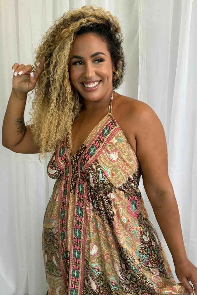 Vestido Longo Vibe Étnica Ajustável Boho Vintage Coleção Premium 8845