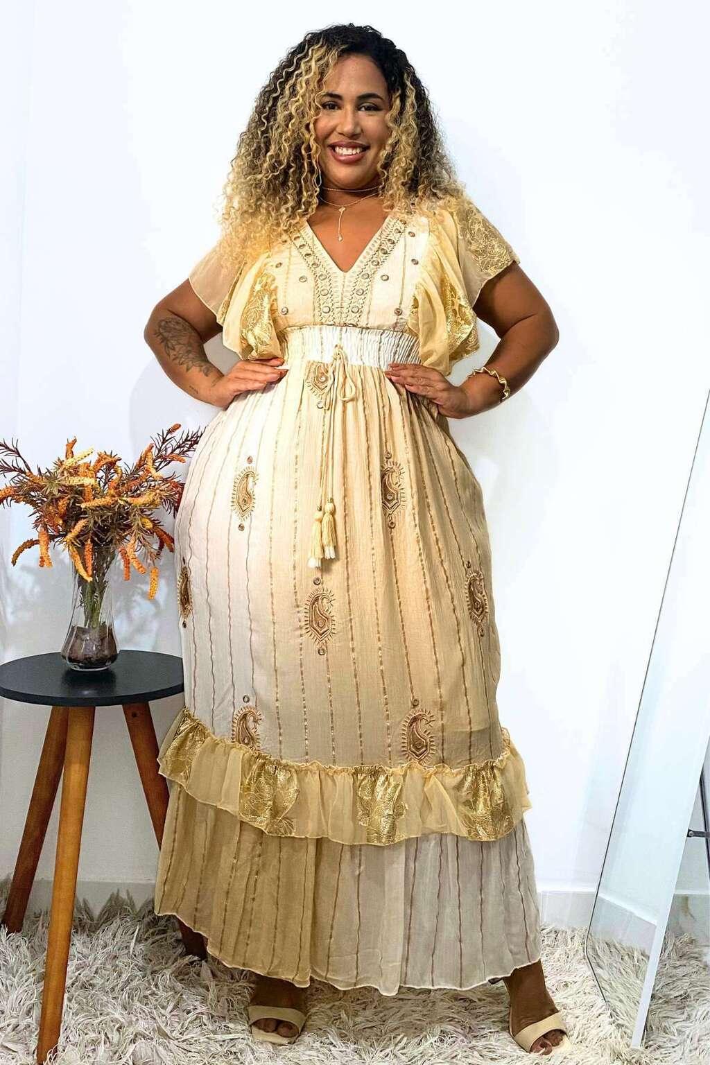 Vestido Boho Longo Encanto Dubai Bordado Coleção Luxo 4852