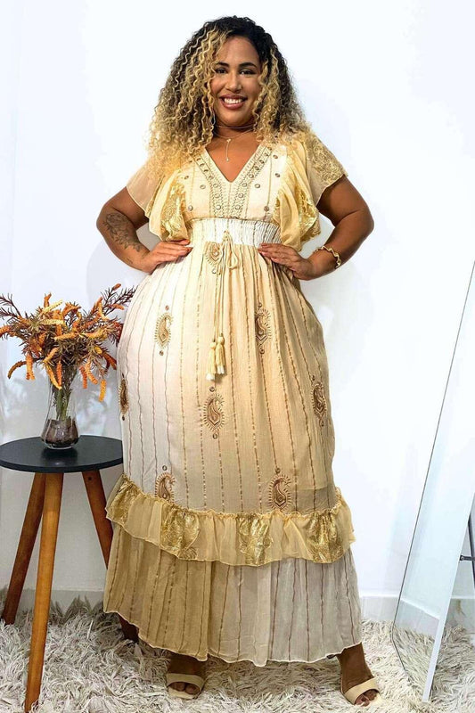 Vestido Boho Longo Encanto Dubai Bordado Coleção Luxo 4852
