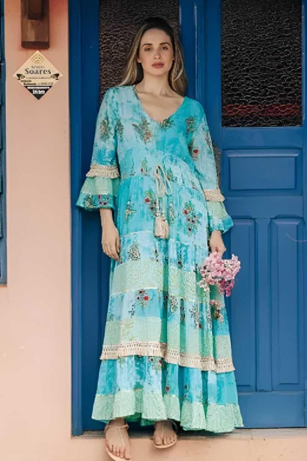 Vestido Boho Longo Alma Livre Bordado Linha Luxo