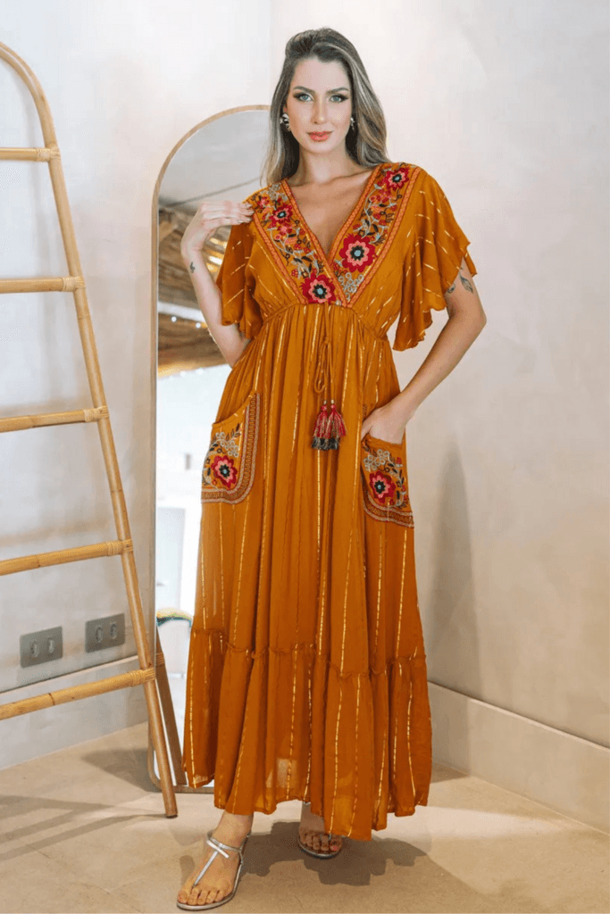 Vestido Longo Alvorecer Indiano Bordado Coleção Luxo Boho
